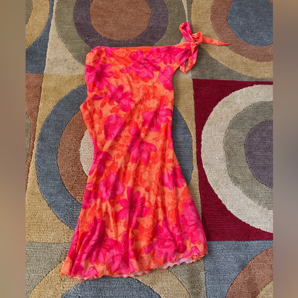 Shein Floral Print Tropical Very Short Mini Dress Mesh Tie Sleeve Women’s Small
